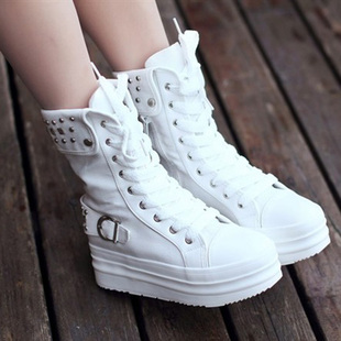  爆卖春季新款单鞋 欧美帆布鞋女潮内增高短靴厚底高帮鞋松糕高跟