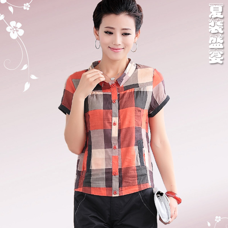 2013夏装新款中年女装 女士小翻领短袖格子衬衫衬衣妈妈款 2013夏装新款中年女装 女士小翻领短袖格子衬衫衬衣妈妈款