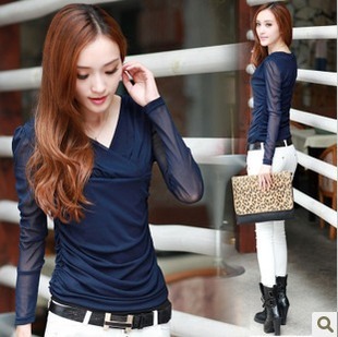  夏新款韩版女装打底衫 蕾丝网纱拼接长袖V领性感T恤防晒衫