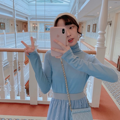 高圆领长袖针织打底衫早秋款上衣女百搭2019新款套头慵懒风薄款