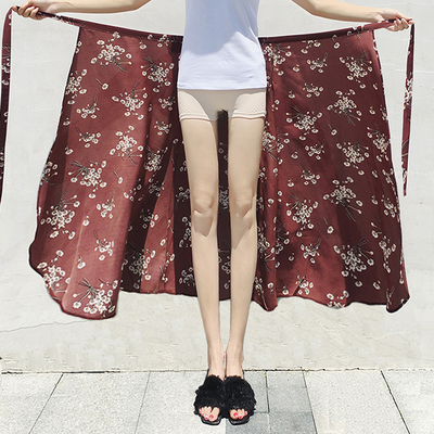 一片式半身裙女夏中长款chic系带高腰裹裙度假沙滩裙雪纺碎花长裙