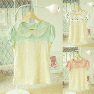  娃娃领短袖T恤夏天韩版女装蕾丝刺绣打底衫t恤短袖外贸日单森女系