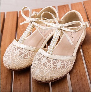  超美韩国女童鞋礼服鞋夏季蕾丝面镂空公主单鞋珍珠蝴蝶结儿童凉鞋