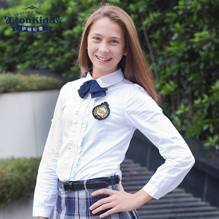  热销伊顿春款英伦童装儿童长袖衬衣女童纯棉长袖白色衬衫10C250