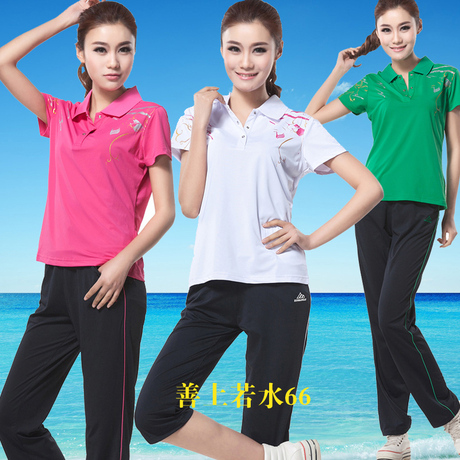 女运动服夏季 中老年短袖运动套装 女 夏长裤七