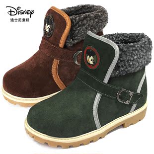  迪士尼儿童靴子二层绒面牛皮正品冬款保暖鞋雪地靴真皮鞋防滑鞋
