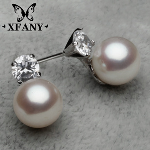  希梵尼 天然珍珠耳钉 925纯银 正圆正品 王妃锆石 珍珠耳环 包邮