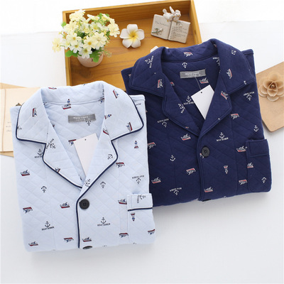 秋冬季纯棉加厚男士家居服三层保暖夹棉长袖睡衣套装居家服新款