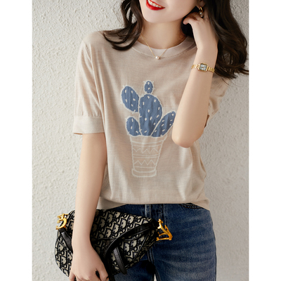 の[ZY258644MG] 舒适透气！三季可穿！仙人掌盆栽嵌花羊毛针织T