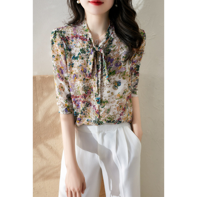 の[SY316549ML]核心奢美优雅Lady感连飘带领 水墨印花桑蚕丝衬衫