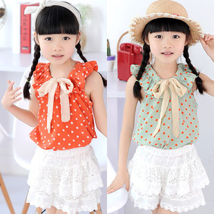  包邮夏装学院风女童装儿童装宝宝点点波点彩色雪纺童裙打底裤套装