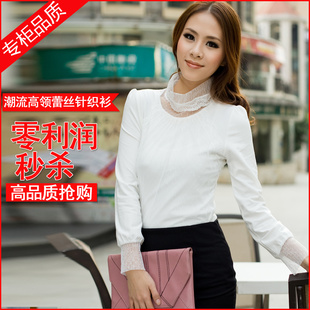  新款秋冬装高领蕾丝针织打底雪纺衫女 韩版加厚绒长款袖修身上衣