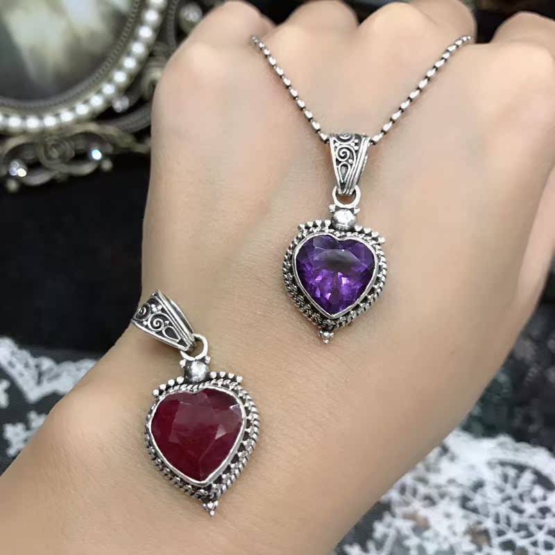 Nepal Retro Temperament models heart-shaped natural amethyst Ruby Sterling Silver Pendant Pendant girl student Special giftin the Accessories/Fashion Jewelry, Pendant/Pendant category - from Buy2taobao.com to provide professional Taobao agent buy service