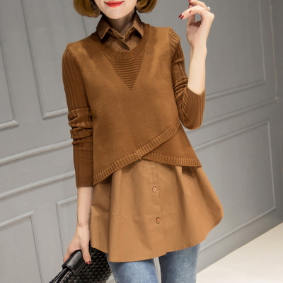 假两件毛衣女春秋2017新款套头宽松针织衫拼接衬衫领简约A字上衣