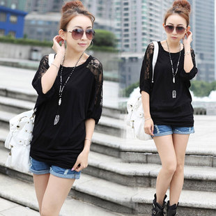  夏装新款女装韩版蕾丝衫拼接T恤宽松打底衫蝙蝠袖短袖t恤女潮