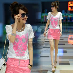  七十二变[MF6081]韩版夏装新款女装宽松蕾丝拼接短袖T恤上衣