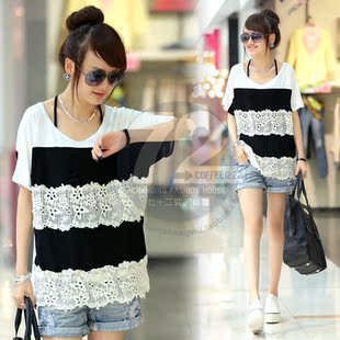  七十二变[LC1170]韩版夏装新款女装条纹蕾丝拼接圆领短袖T恤