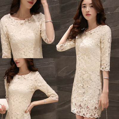 2016新款女装直筒裙秋装显瘦淑女打底裙子夏七分袖秋款蕾丝连衣裙