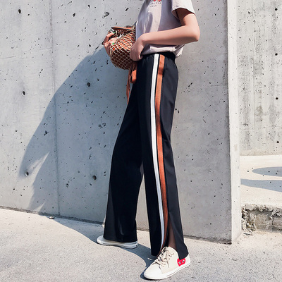 条纹开叉阔腿裤女夏薄运动裤春2018新款ins宽松九分校服休闲裤子