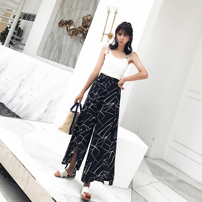 雪纺阔腿裤女夏复古温柔风波西米亚沙滩薄款高腰宽松九分开叉裙裤