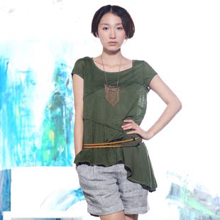  EIN言专柜正品 春夏百搭拼接圆领亚麻女式针织T恤衫I13221