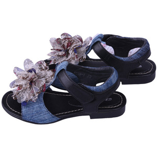  沙虫童鞋新款夏季凉鞋 绣花牛仔布女儿童夏日凉鞋