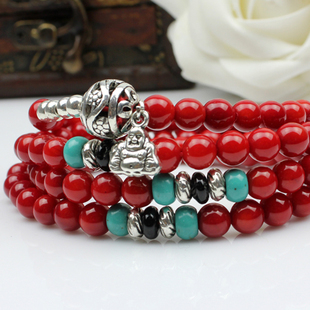  开光正品红珊瑚108颗佛珠手链 绿松石藏银 驱邪保平安 原创新款