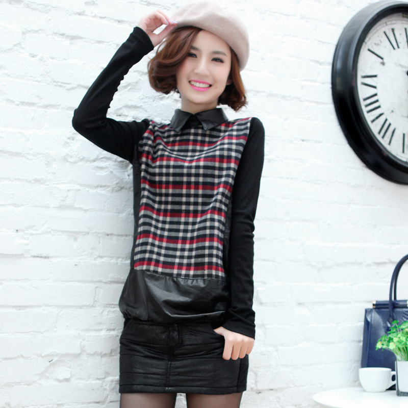 韩版复古经典格子翻领...