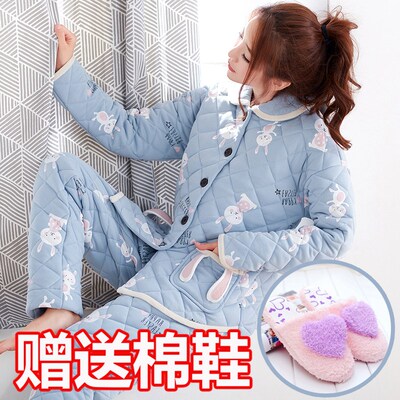 睡衣女士冬款甜美可爱三层加厚针织夹棉袄秋冬季纯棉全棉长袖套装