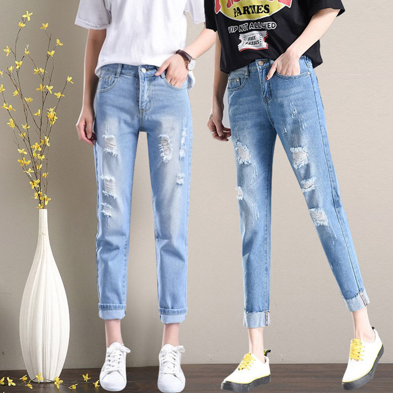 Ripped jeans Korean Edition 2019 Spring Paige Nine points Easy bf student Versatile Show thin Haren trousersin the Women's clothing/Boutique , Jeans category - from Buy2taobao.com to provide professional Taobao agent buy service