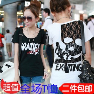  夏装新款女装潮 蕾丝拼接打底衫韩版圆领修身纯棉印花t恤 女短袖