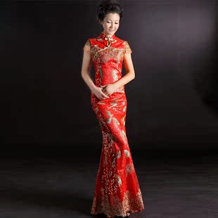  新款红色冬修身复古长款鱼尾新娘结婚旗袍 改良时尚婚礼敬酒礼服
