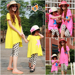  亲子装夏装母女装款全家装新款韩版大码长款T恤卫衣裙+裤套装