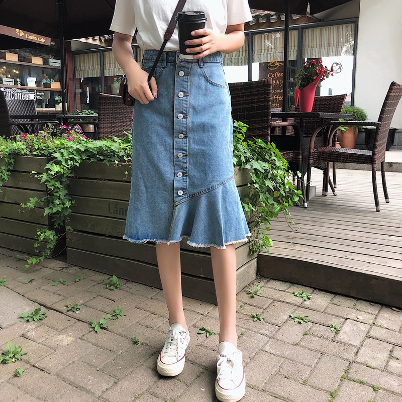 高腰个性单排扣牛仔短裙女春秋学生百搭不规则包臀鱼尾中长半身裙|msdalam kategori Butik wanita / wanita, skirt - dari Buy2taobao.com untuk memberikan perkhidmatan ejen Taobao profesional membeli
