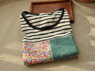  那木家全棉条纹碎花蕾丝拼接休闲森女系短袖T恤女夏装新款