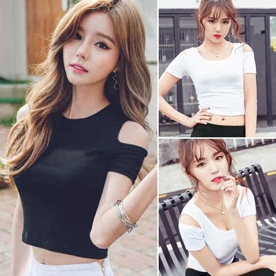 露脐上衣短款性感夏天衣服女短袖学生露肩漏肚脐装贴身高腰t恤女