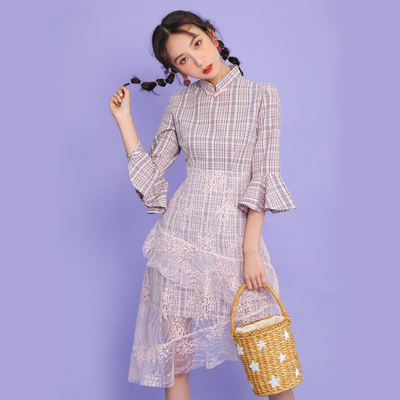 小众旗袍裙子现代风格子时尚女装2019新款改良版连衣裙日常生活装