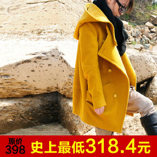  原创女装黄色大衣新款毛呢外套女冬装加厚中长款休闲大衣包邮
