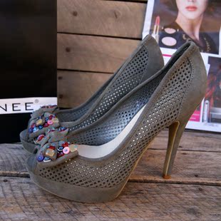  新款MALL ANEE正品 真皮牛皮 花朵镂空高高跟细跟鱼嘴女凉鞋子