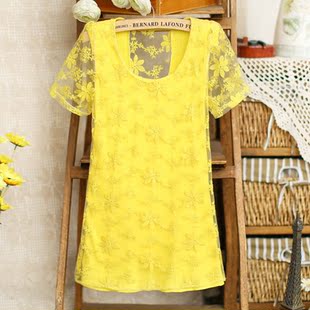  E868-夏新款女装甜美钩花蕾丝拼接圆领短袖T恤打底衫 0425