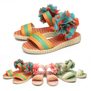  夏新款女童凉鞋 奔仔儿童凉鞋 韩版民族风绣花朵平底公主凉鞋