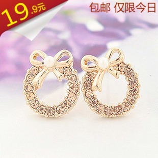  珍珠蝴蝶结圆耳钉 女镶钻耳环 防过敏耳饰高档饰品 韩国耳饰批发