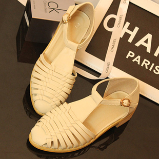  英伦风 欧美复古圆头鞋 时尚编织罗马鞋 明星款小皮鞋 平底女凉鞋