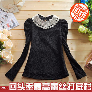  春装新款 加绒娃娃领蕾丝打底衫 女修身大码长袖打底衫 55706