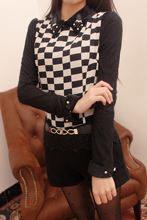  年冬装新款 复古钉珠镶钻翻领蕾丝拼雪纺 加绒蕾丝衫打底衫