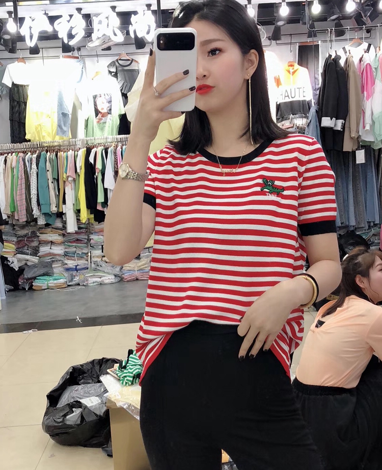 European goods 2019 Summer wear new pattern Easy Socket jacket Color matching stripe Embroidery Borneol knitting Short sleeved T-shirtin the Women's clothing/Boutique , Wool sweater category - from Buy2taobao.com to provide professional Taobao agent buy service