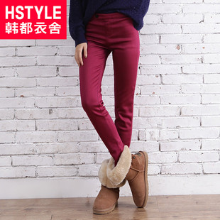  韩都衣舍韩版女装春装新款纯色修身加绒打底裤KJ1096耒