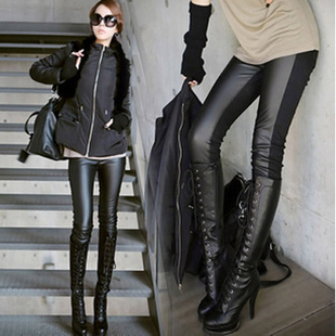  秋冬大码铅笔裤仿皮小脚紧身保暖PU拼接打底裤 加绒拼接皮裤包邮