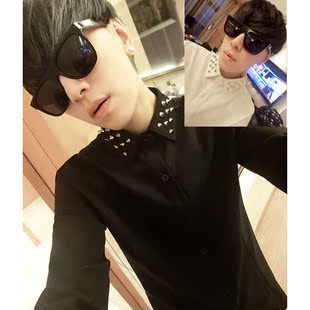  林弯弯LEST情侣潮男衬衫 小闷骚铆钉装饰 潮T长袖衬衫 黑白衬衫