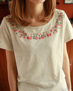  日系小清新 文艺范定位玫瑰花蕾丝拼接 圆领 短袖t恤 女